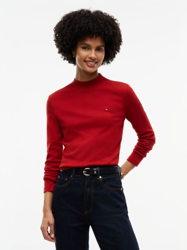 Red Mock Neck Slim Long Sleeve Top  Women