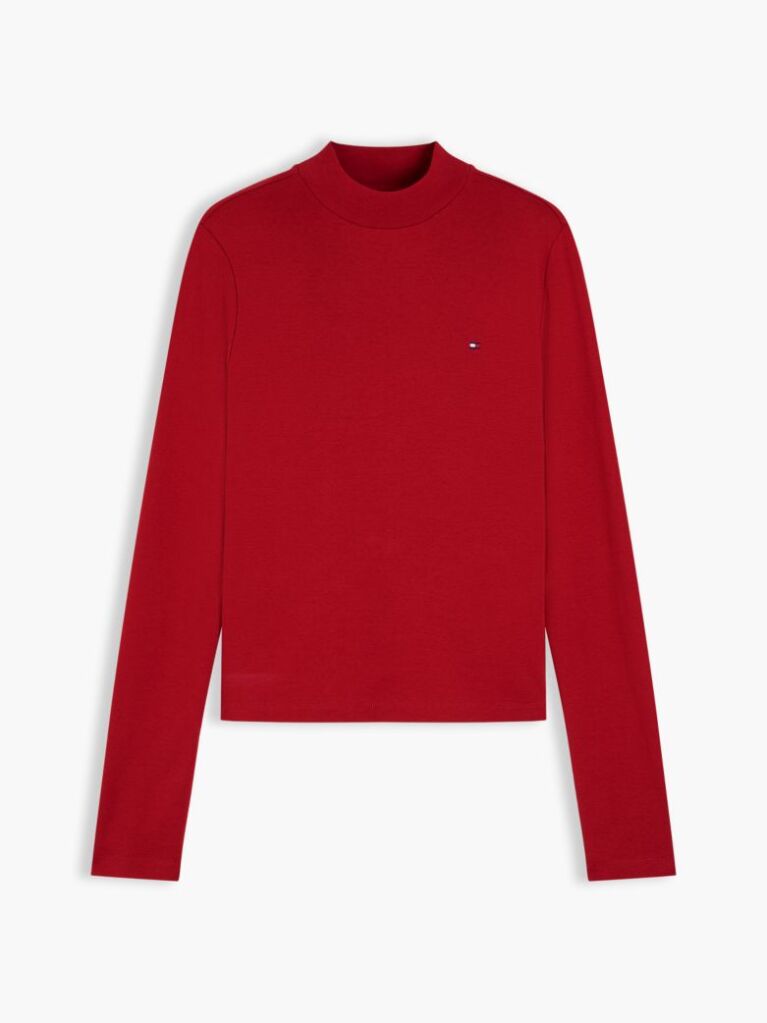 Red Mock Neck Slim Long Sleeve Top  Women