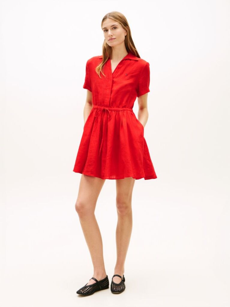 Rosu Rochie Mini Flare Din In Pur Cu Croiala Relaxed  Femei