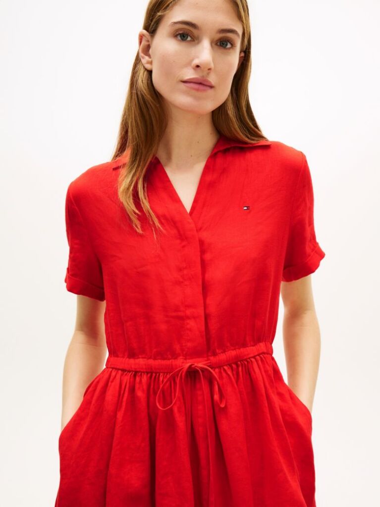 Rosu Rochie Mini Flare Din In Pur Cu Croiala Relaxed  Femei