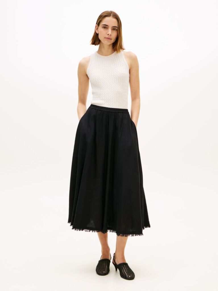 Black Pleated Linen Blend Midi A-Line Skirt  Women