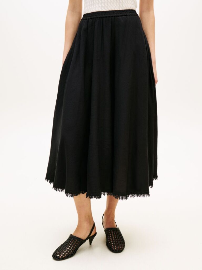 Black Pleated Linen Blend Midi A-Line Skirt  Women