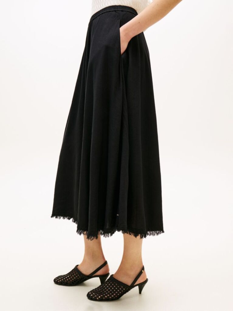 Black Pleated Linen Blend Midi A-Line Skirt  Women