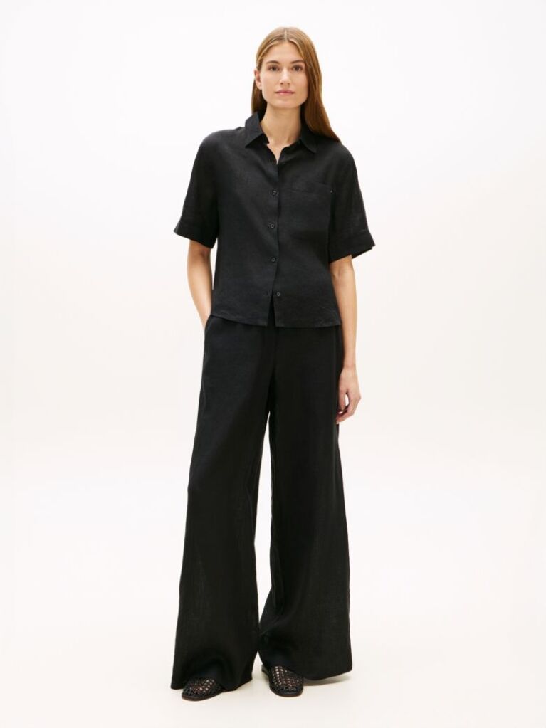 Black Relaxed Wide Leg Pure Linen Trousers  Women