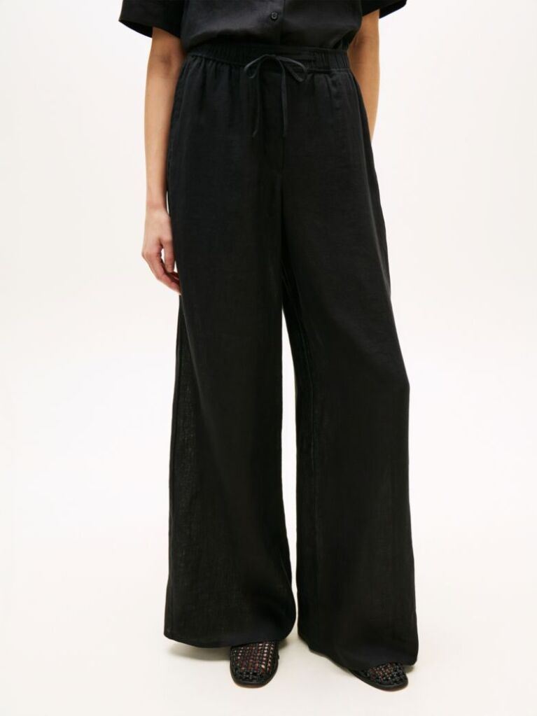 Black Relaxed Wide Leg Pure Linen Trousers  Women