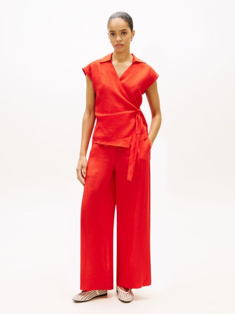Red Relaxed Wide Leg Pure Linen Trousers  Women
