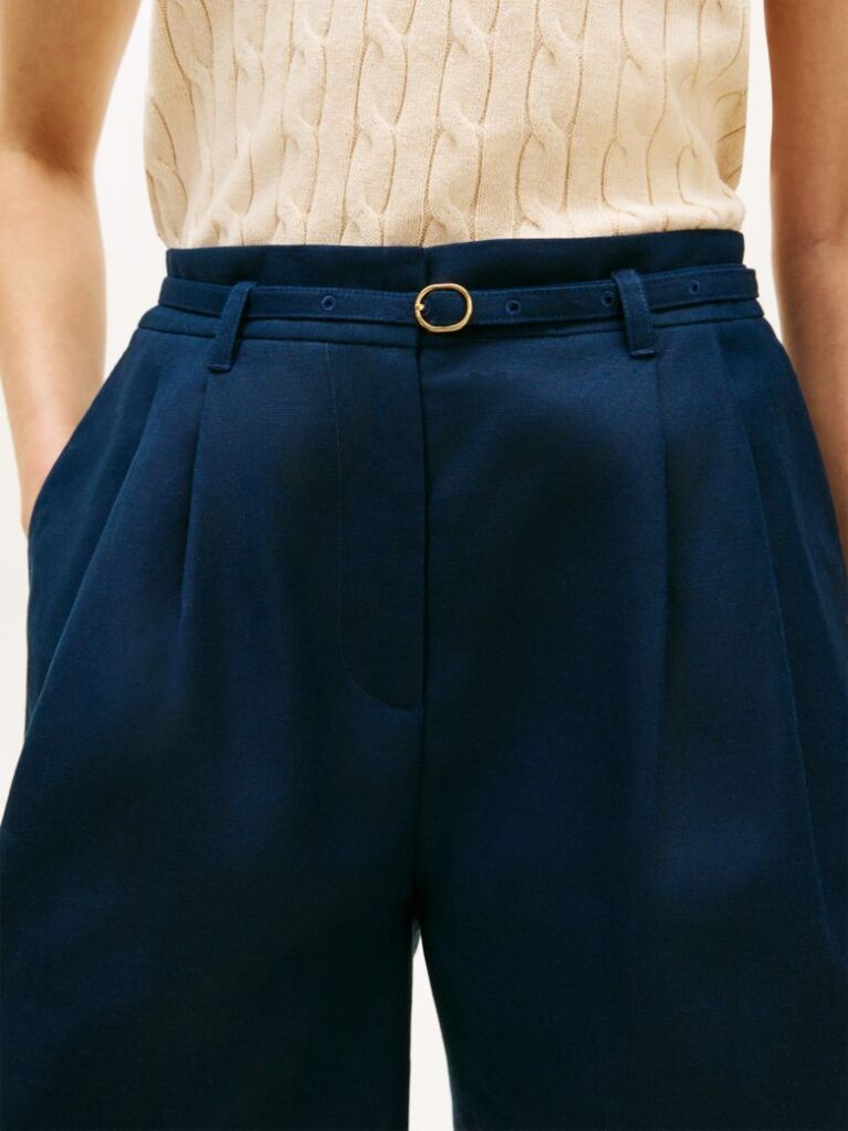 Blue Linen Blend Wide Leg Shorts  Women