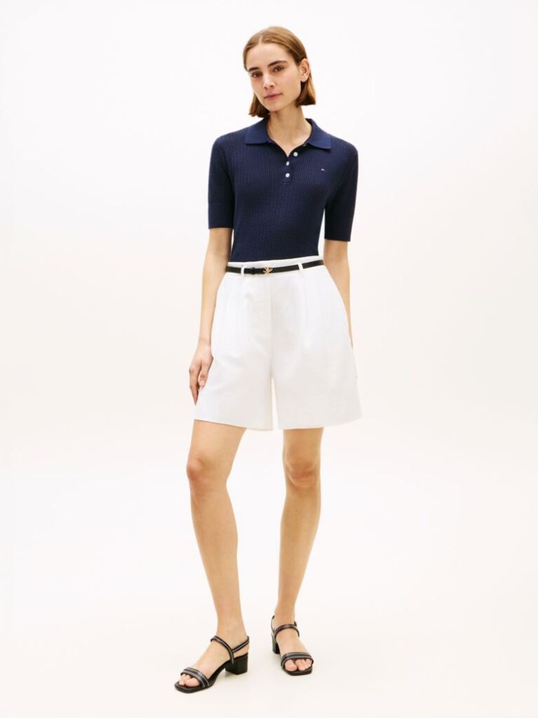 Blue Pulover Polo Cu Maneci Scurte Si Model Pointelle  Femei