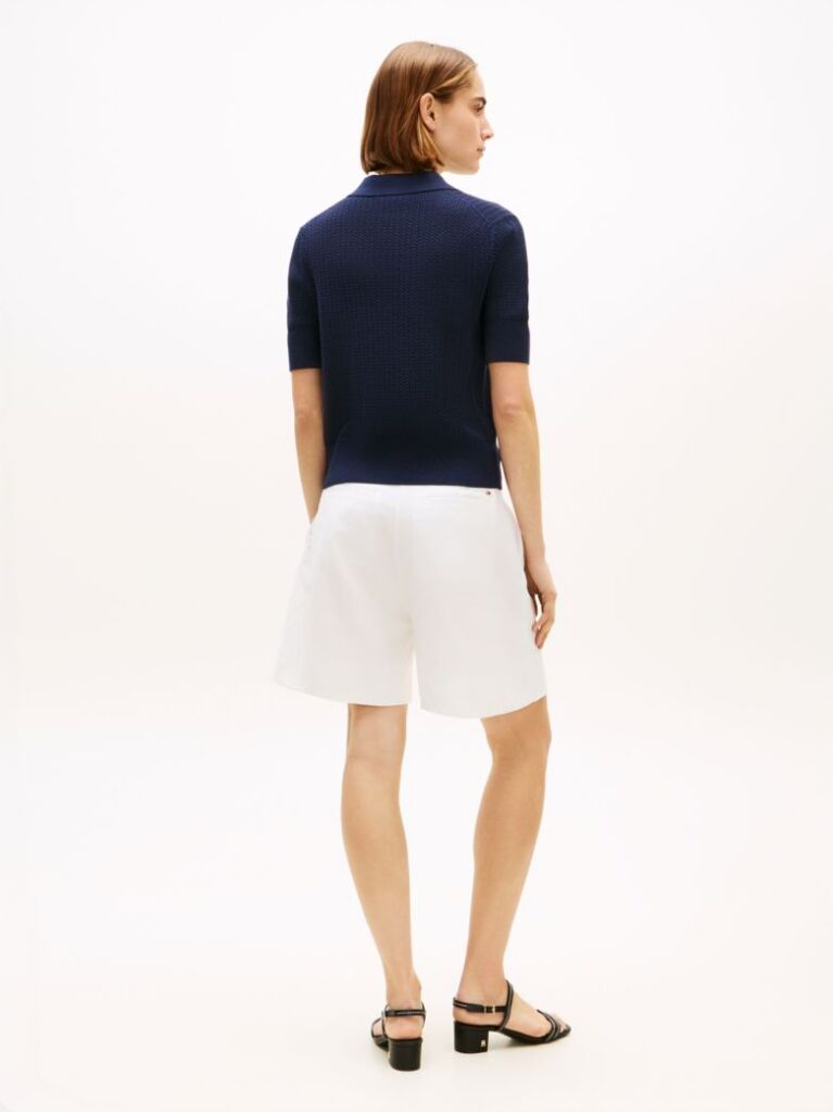 Blue Pulover Polo Cu Maneci Scurte Si Model Pointelle  Femei