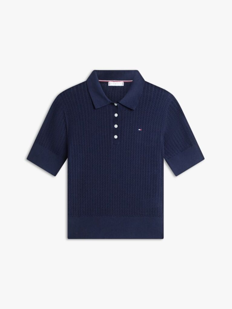 Blue Pulover Polo Cu Maneci Scurte Si Model Pointelle  Femei