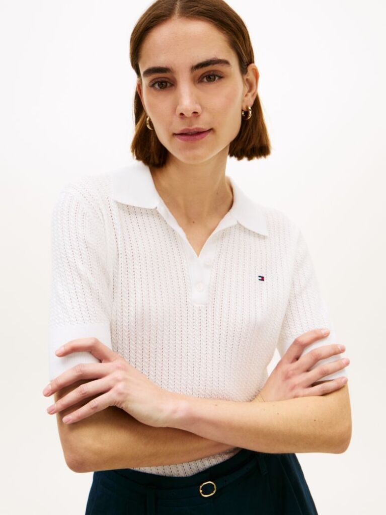 Alb Pulover Polo Cu Maneci Scurte Si Model Pointelle  Femei