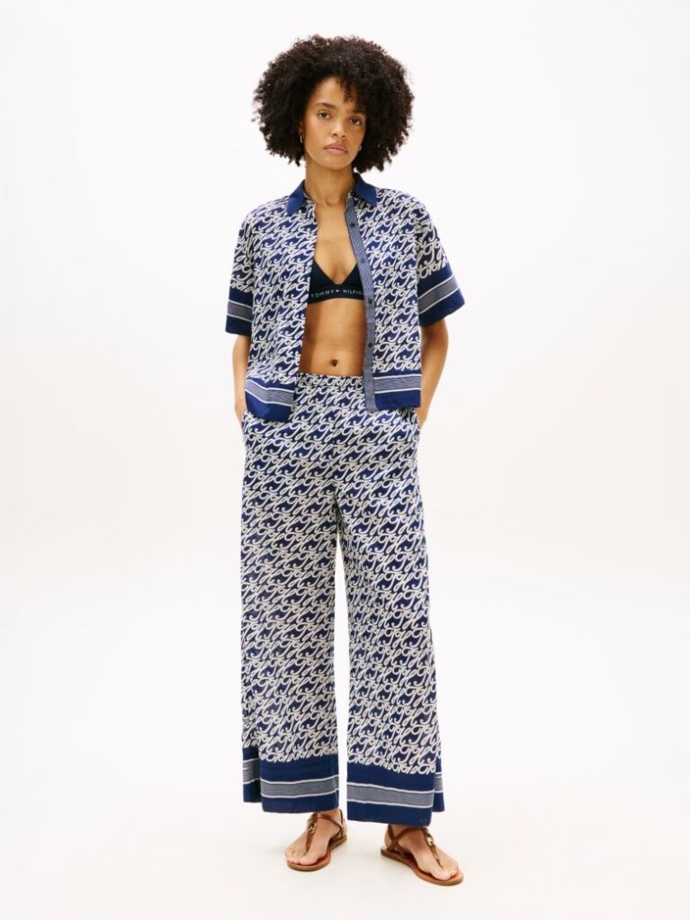 Blue Print Voile Wide Leg Trousers With Silk  Women