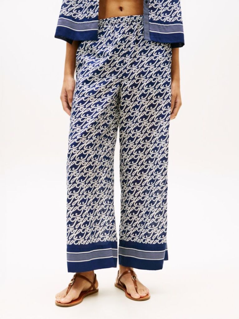 Blue Print Voile Wide Leg Trousers With Silk  Women