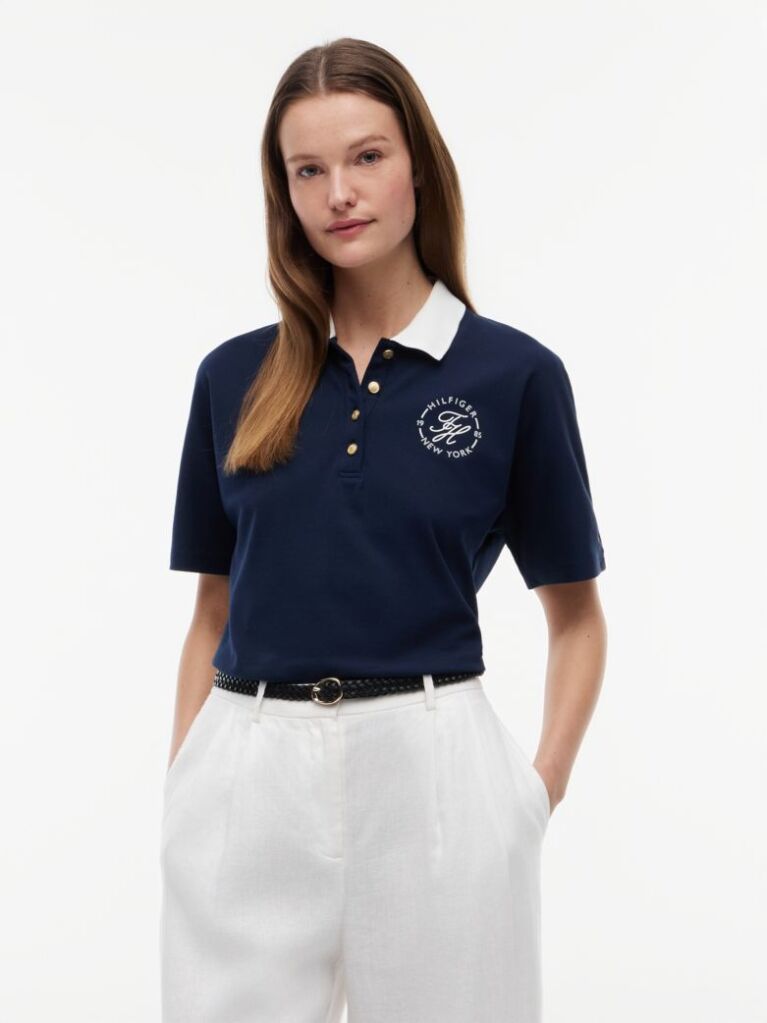 Blue Tricou Polo Cu Croiala Normala De Culoare Aurie Cu Nasturi  Femei