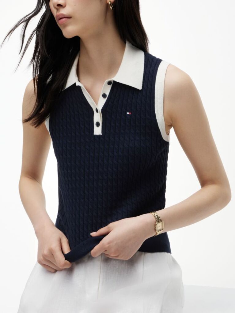 Blue Pulover Polo Fara Maneci Cu Croiala Slim Tricotat Cable  Femei