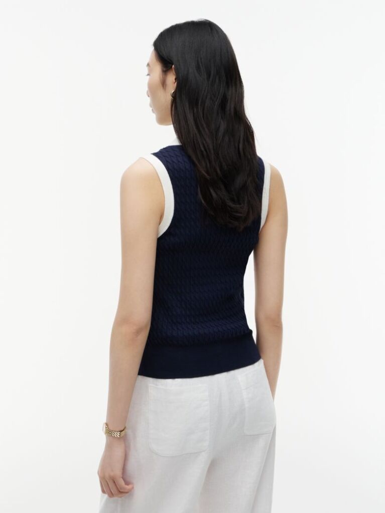 Blue Pulover Polo Fara Maneci Cu Croiala Slim Tricotat Cable  Femei