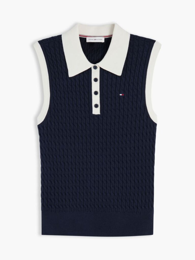 Blue Pulover Polo Fara Maneci Cu Croiala Slim Tricotat Cable  Femei