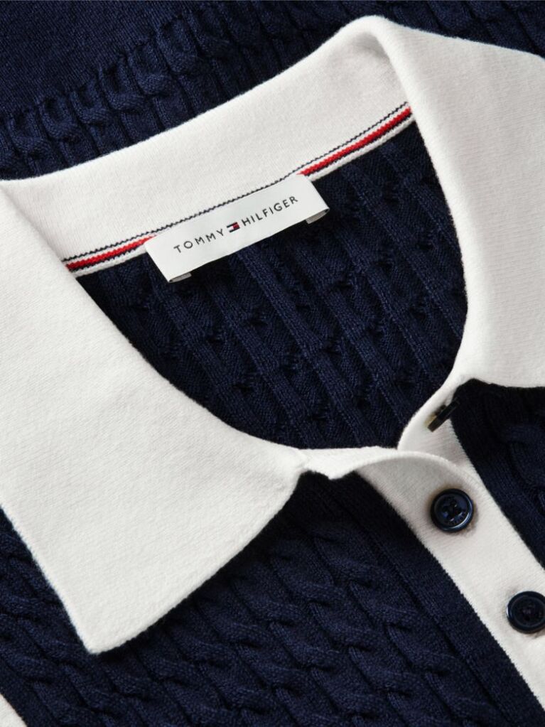 Blue Pulover Polo Fara Maneci Cu Croiala Slim Tricotat Cable  Femei