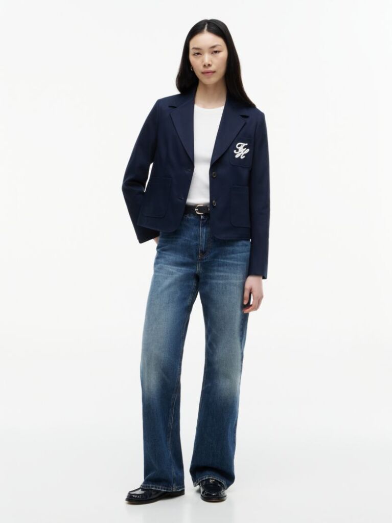 Blue Sacou Appliqué Cu Croiala Regular Si Logo  Femei