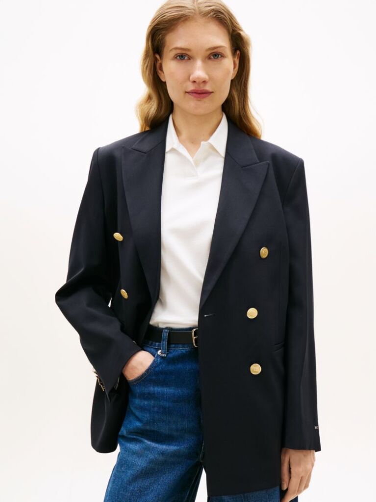 Blue Timeless Wool Blend Relaxed Double Breasted Blazer  Women