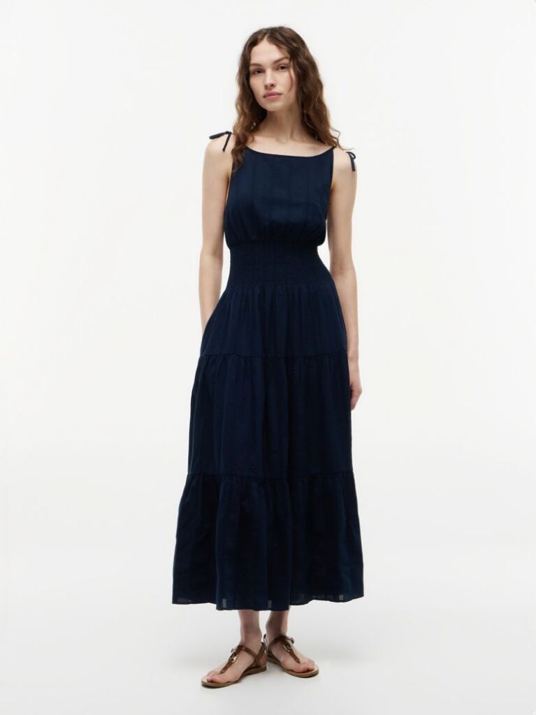 Blue Seersucker Smock Tie Strap Midi Dress  Women