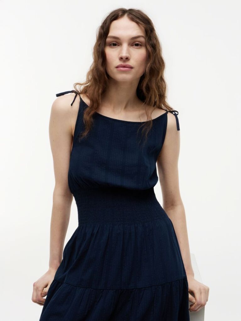 Blue Seersucker Smock Tie Strap Midi Dress  Women