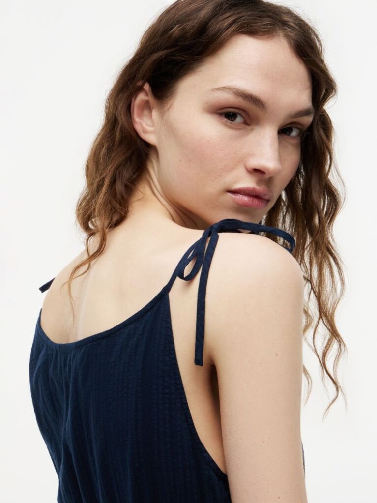 Blue Seersucker Smock Tie Strap Midi Dress  Women