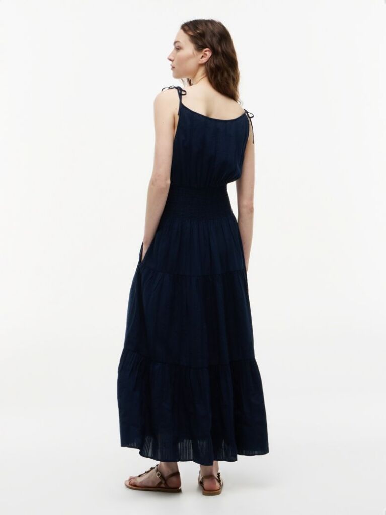 Blue Seersucker Smock Tie Strap Midi Dress  Women