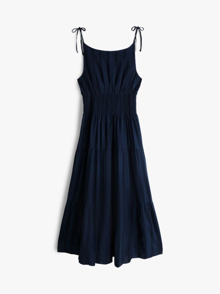 Blue Seersucker Smock Tie Strap Midi Dress  Women