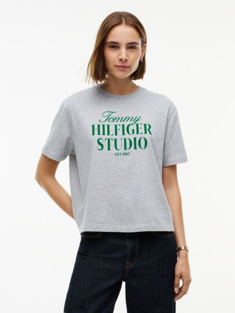 Gri T-Shirt Din Jerseu Cu Croiala Lejera Si Logo  Femei