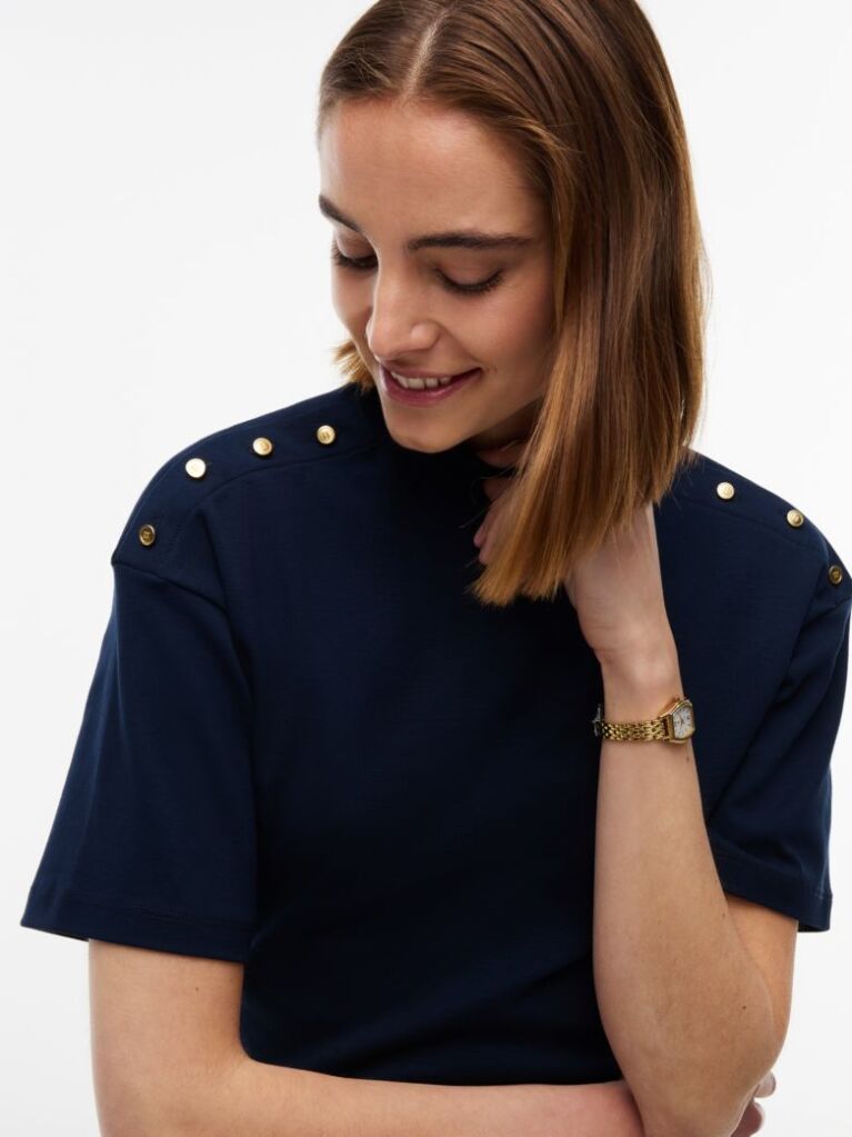 Blue T-Shirt Cu Guler Rotund Si Nasturi Aurii  Femei