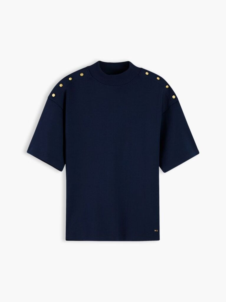 Blue T-Shirt Cu Guler Rotund Si Nasturi Aurii  Femei