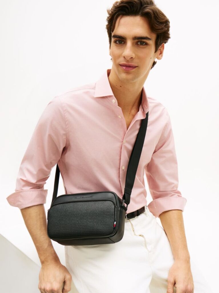 Black Woven Panel Crossbody Camera Bag  Men
