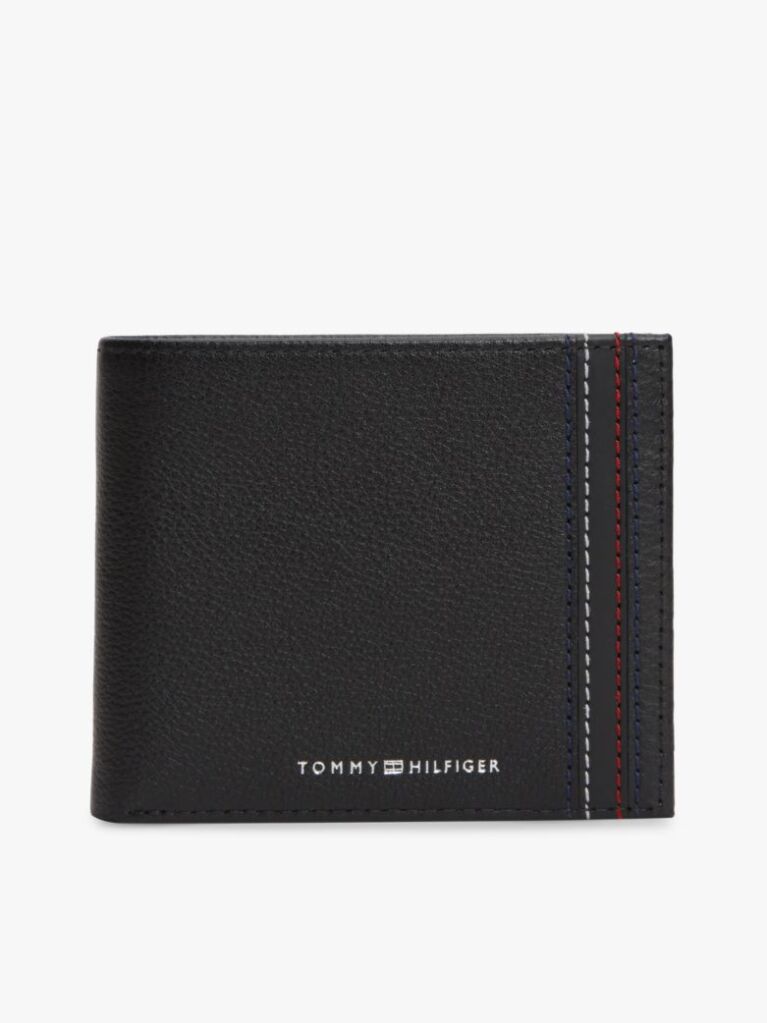 Black Logo Leather Bifold Flap Wallet  Men