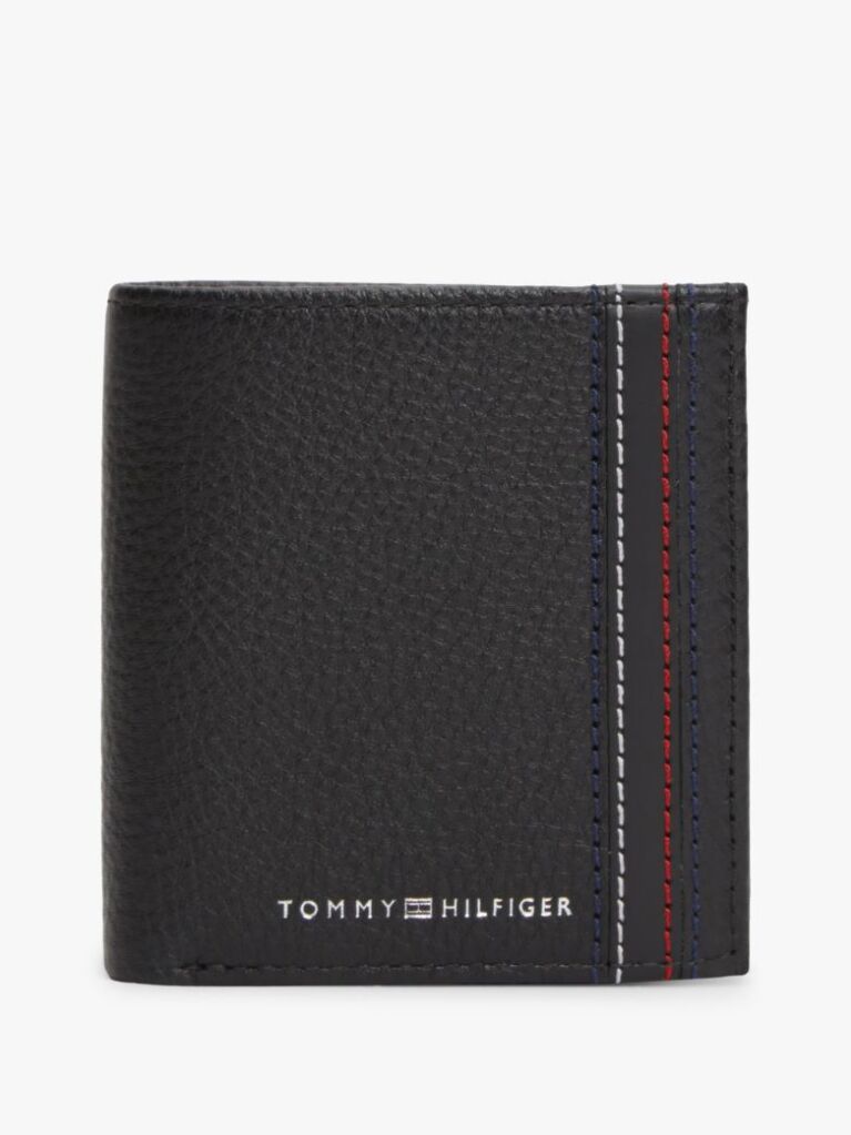 Black Logo Pebble Grain Leather Trifold Wallet  Men