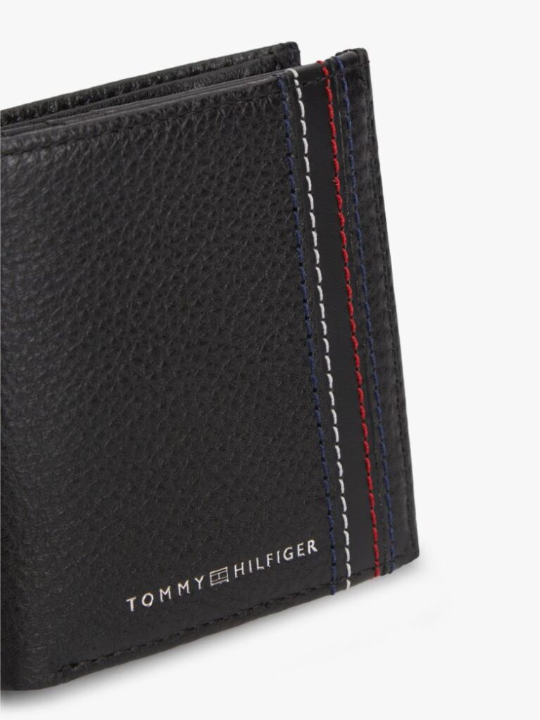 Black Logo Pebble Grain Leather Trifold Wallet  Men
