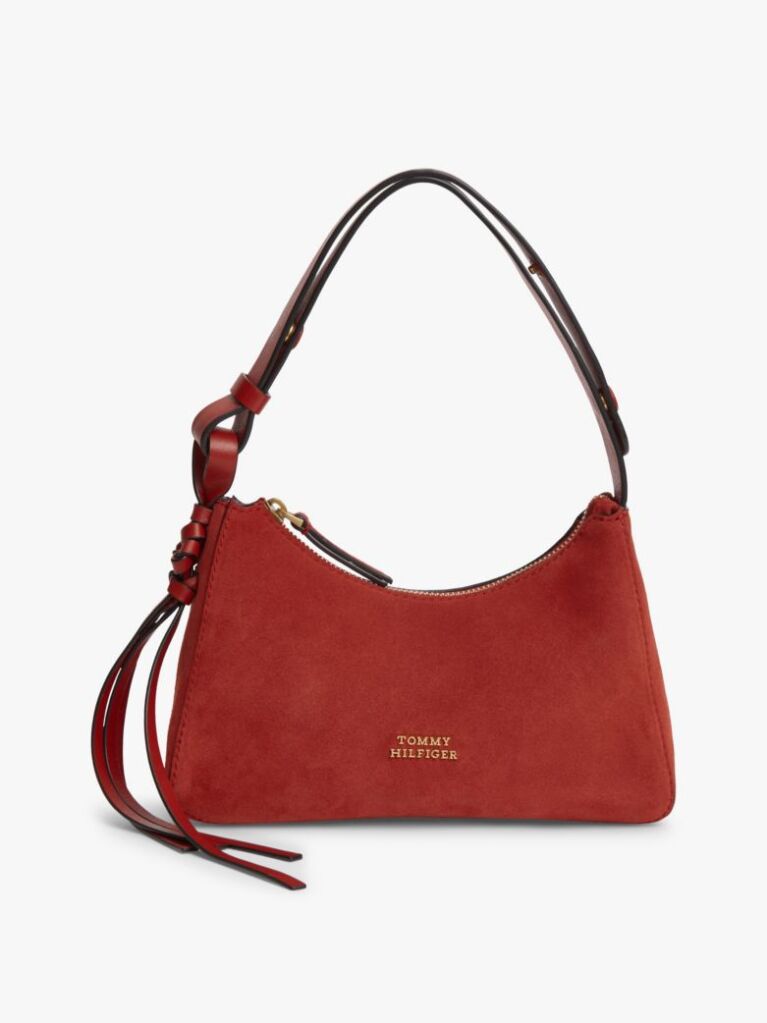 Red Metal Logo Suede Shoulder Bag  Women