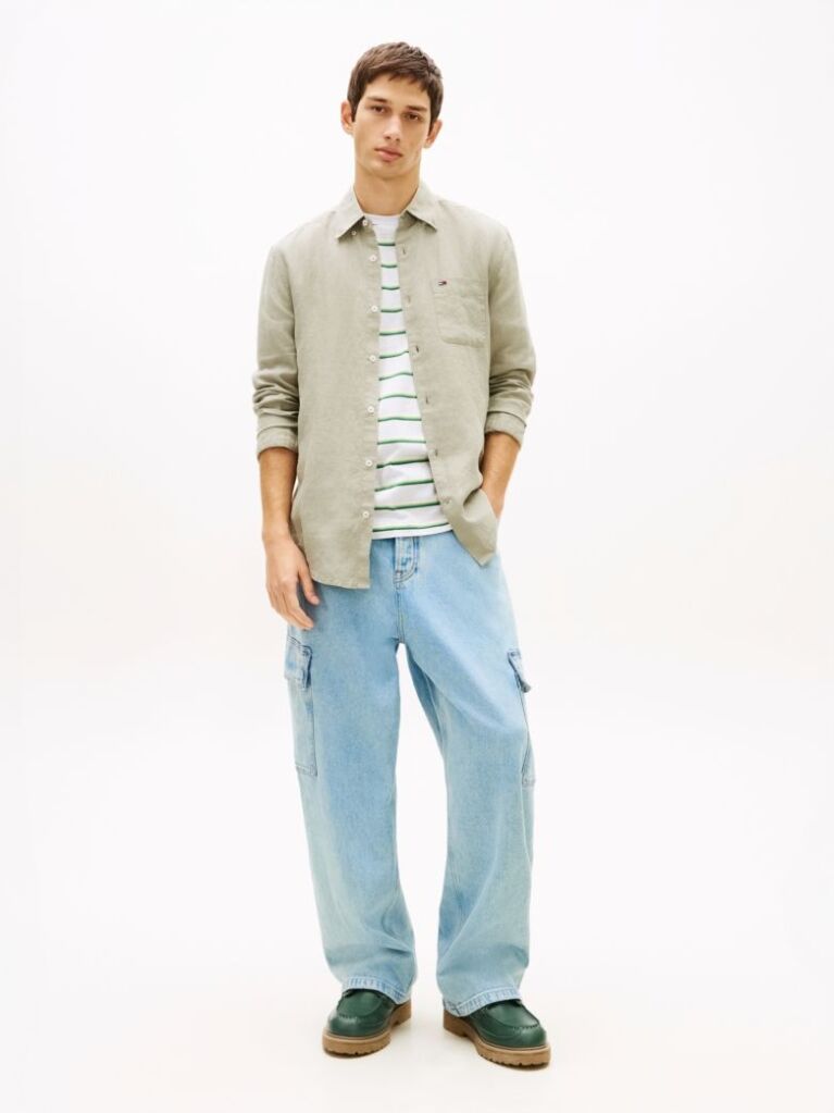 Green Regular Fit Button-Down Pure Linen Shirt  Men