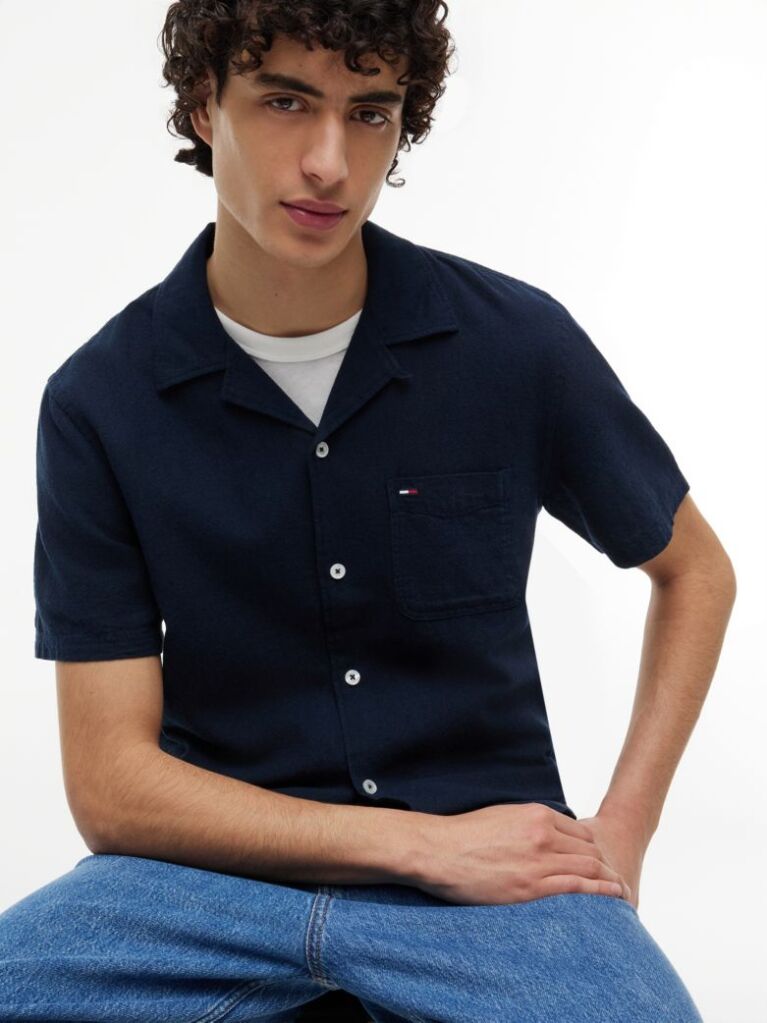 Blue Camasa Cu Maneca Scurta Din Amestec De In Regular  Barbati