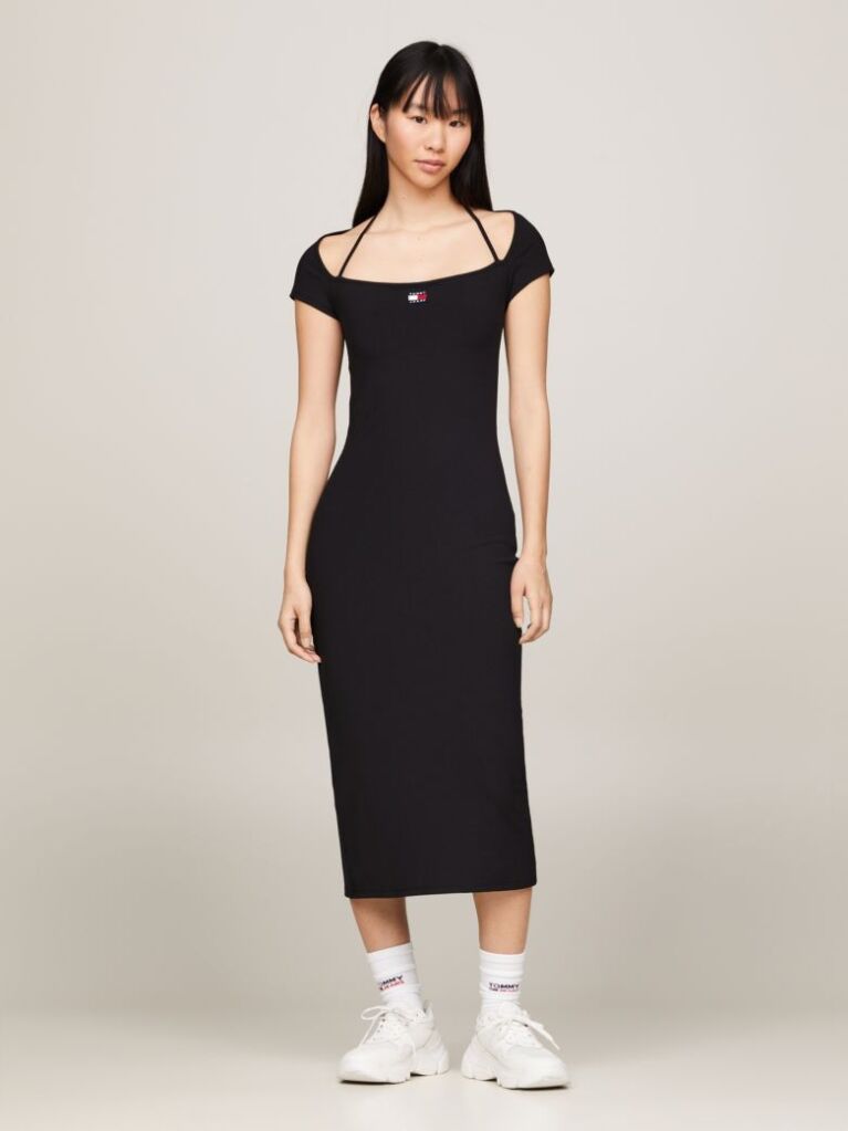 Black Tommy Badge Bodycon Ribbed Midi Dress  Women