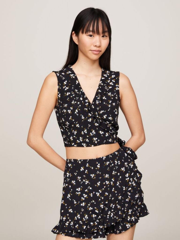 Multi Crop Top Cu Imprimeu Floral Si Volane  Femei