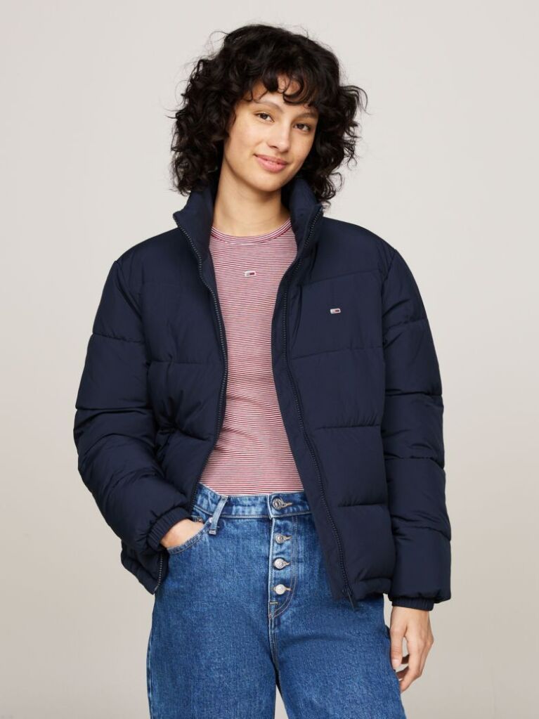 Blue Jacheta Puffer Cu Guler Inalt Si Fermoar  Femei