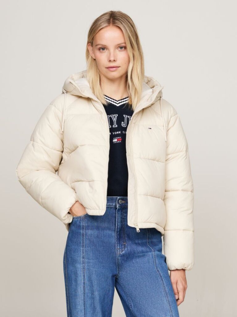 Bej Jacheta Puffer Cu Gluga Si Fermoar  Femei
