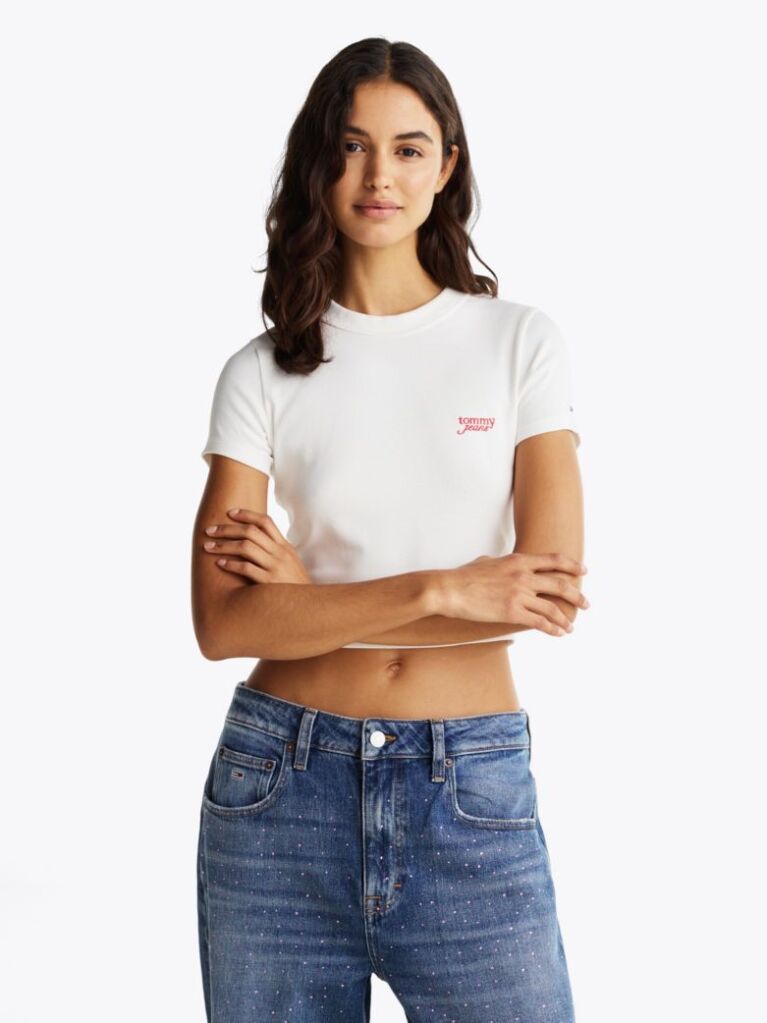Alb Tricou Cropped Slim Cu Logo Script  Femei
