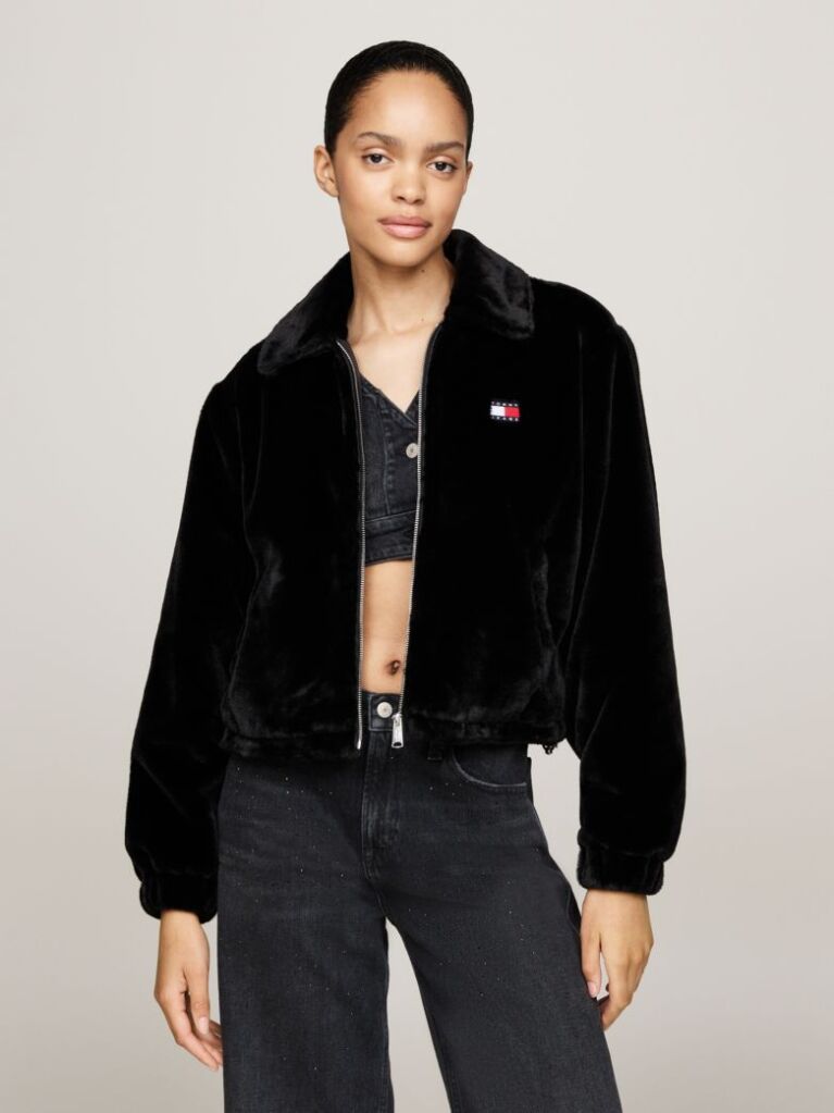 Negru Jacheta Cropped Din Blana Artificiala  Femei