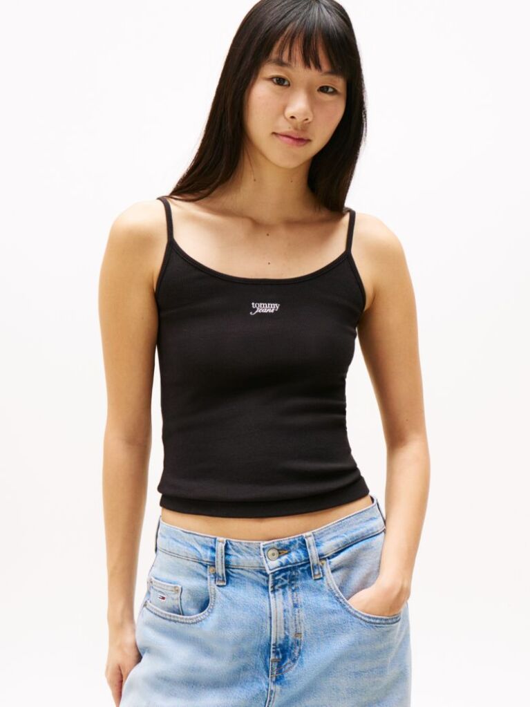 Negru Top Slim Cu Bretele Subtiri Si Textura Teasa  Femei