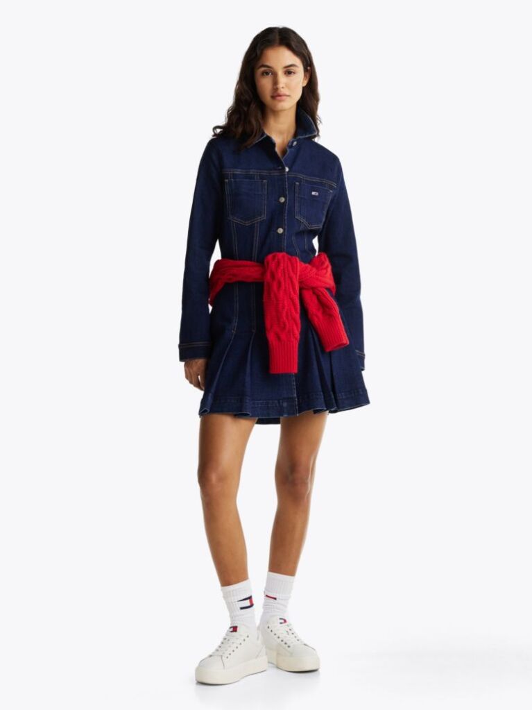 Blue Rochie Tip Camasa Mini Din Denim Plisat  Femei