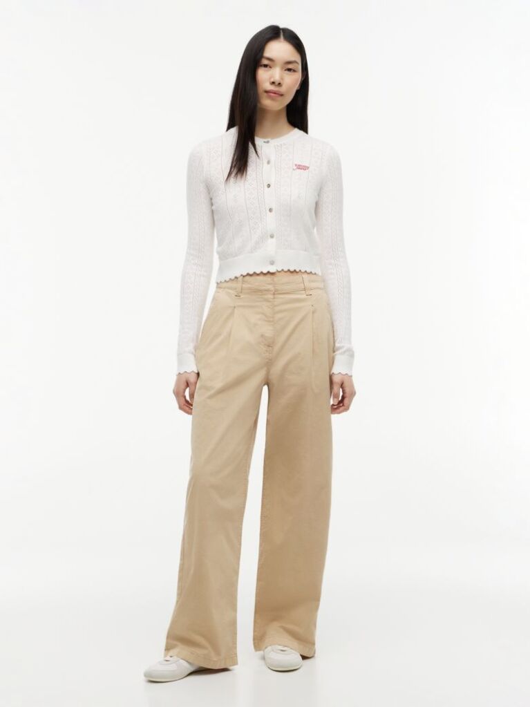 Beige Wide Leg Twill Chinos  Women