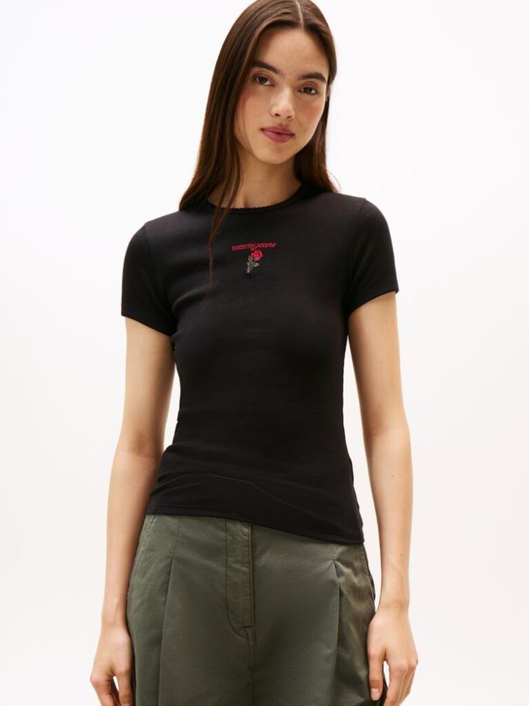 Negru Tricou Slim Cu Broderie Logo  Femei