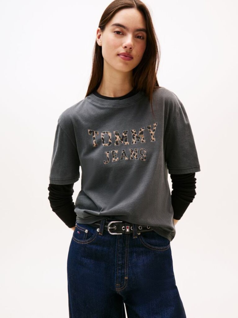 Negru Tricou Boxy Leopard Varsity  Femei